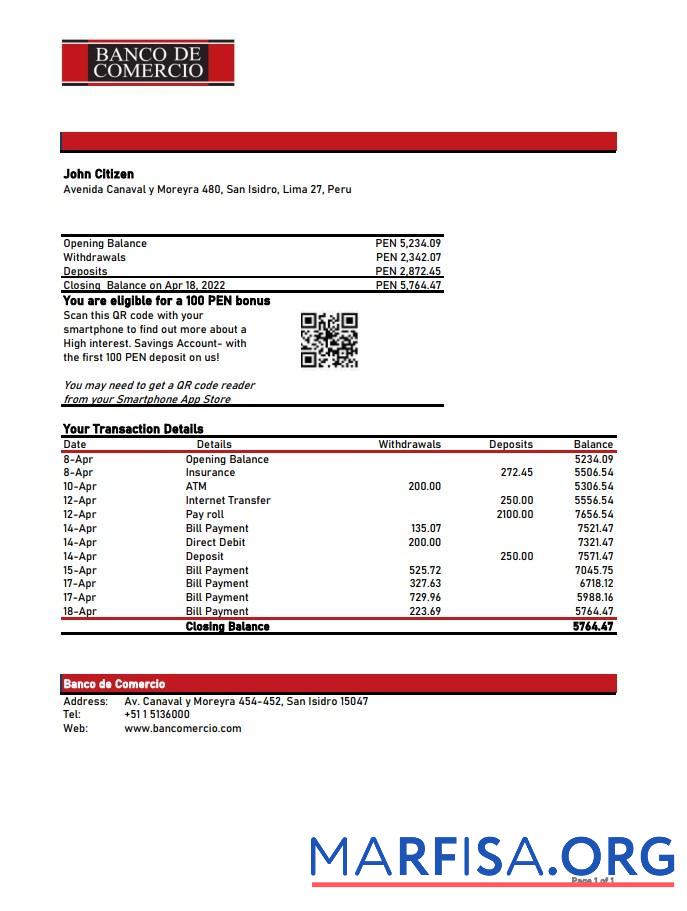 Blank Peru Banco de Comercio bank statement excel real example